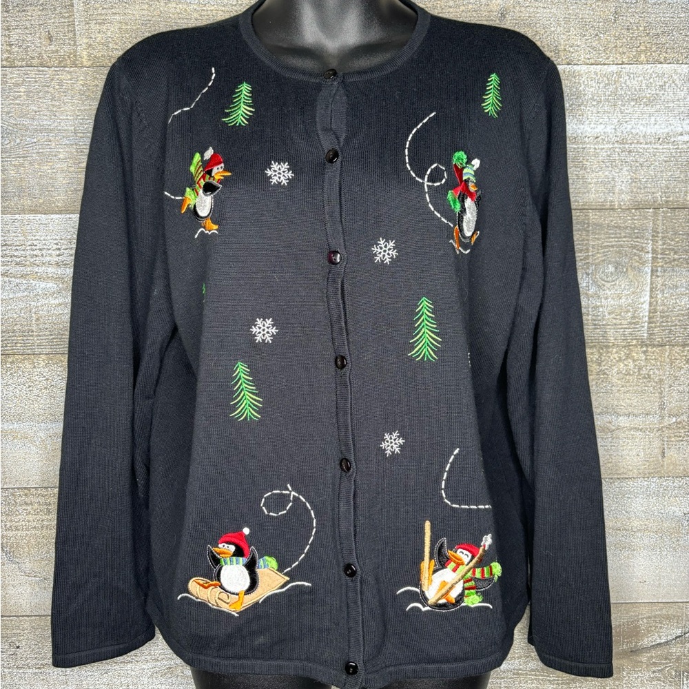 Penguin holiday Christmas ice skating button down cardigan medium black